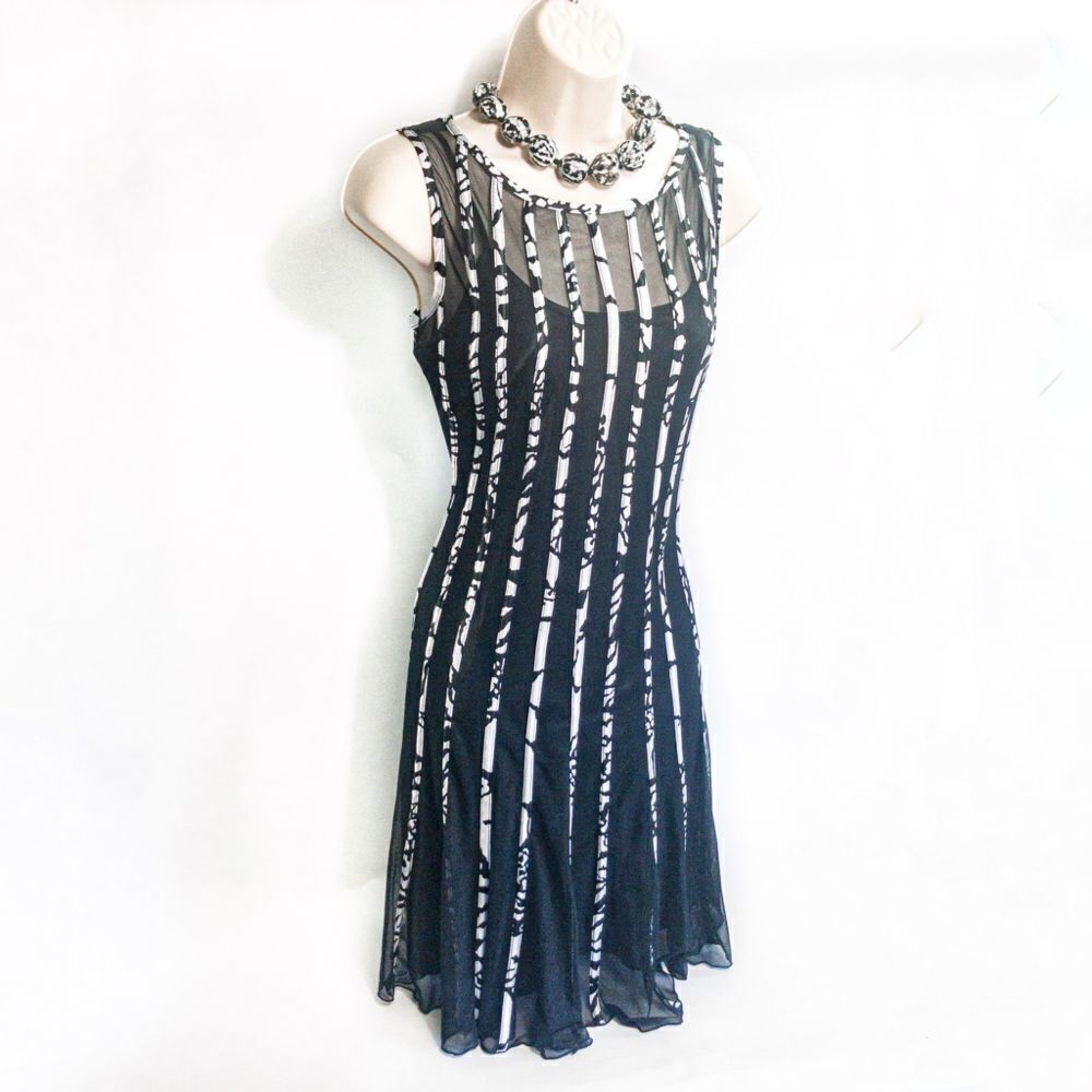 Sandra Darren Black & White Striped Mesh Overlay A-Line Dress Sz 4P